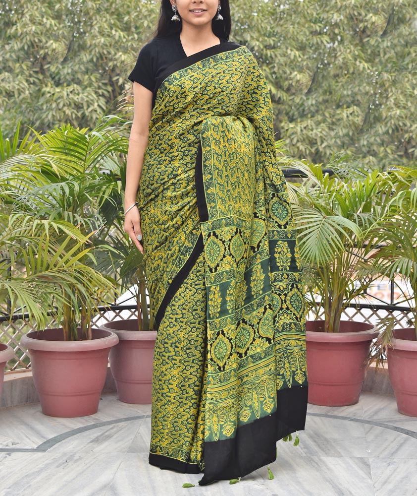 Elegant Hand Block Printed Ajrakh Modal Silk Saree with tassels