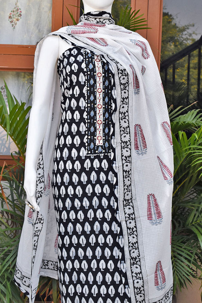Premium Cotton Unstitched Suit with Intricate Hand Embroidery & Neck Patch with Cotton dupatta