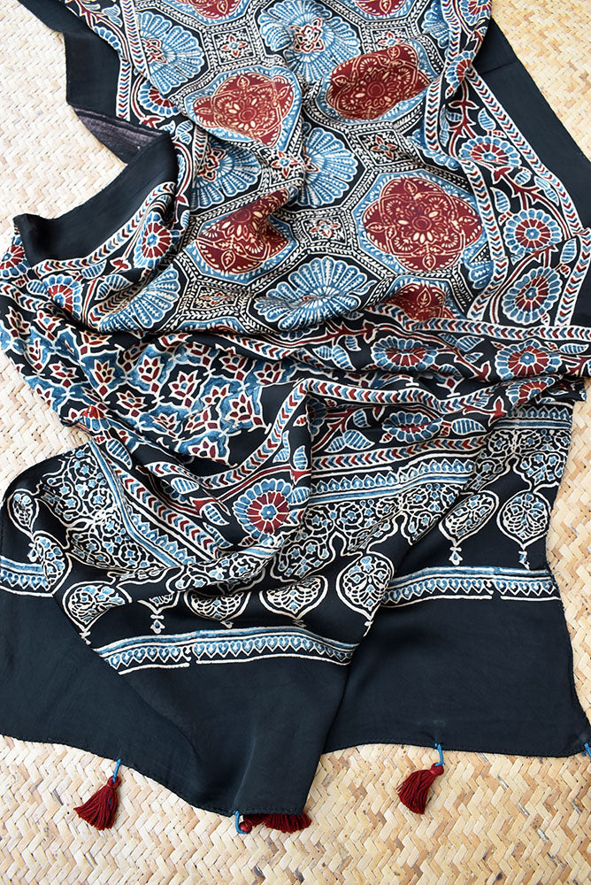 Beautiful Hand Block Printed Ajrakh Modal Silk stole with Tassels
