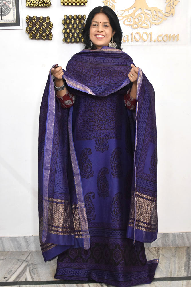 Bagh Hand Block Printed unstitched 3 pcs Handwoven Maheshwari suit fabric with Zari borders & Lagdi ( zari palla )