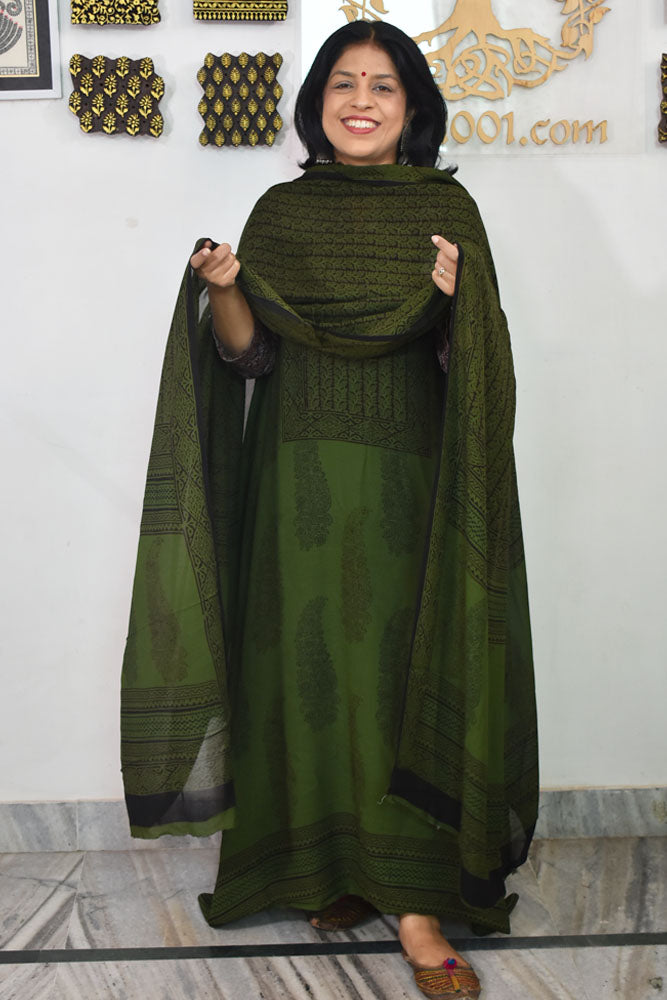 Bagh Hand Block Print Georgette Dupatta & Georgette Kurta Fabric With Cotton Bottom