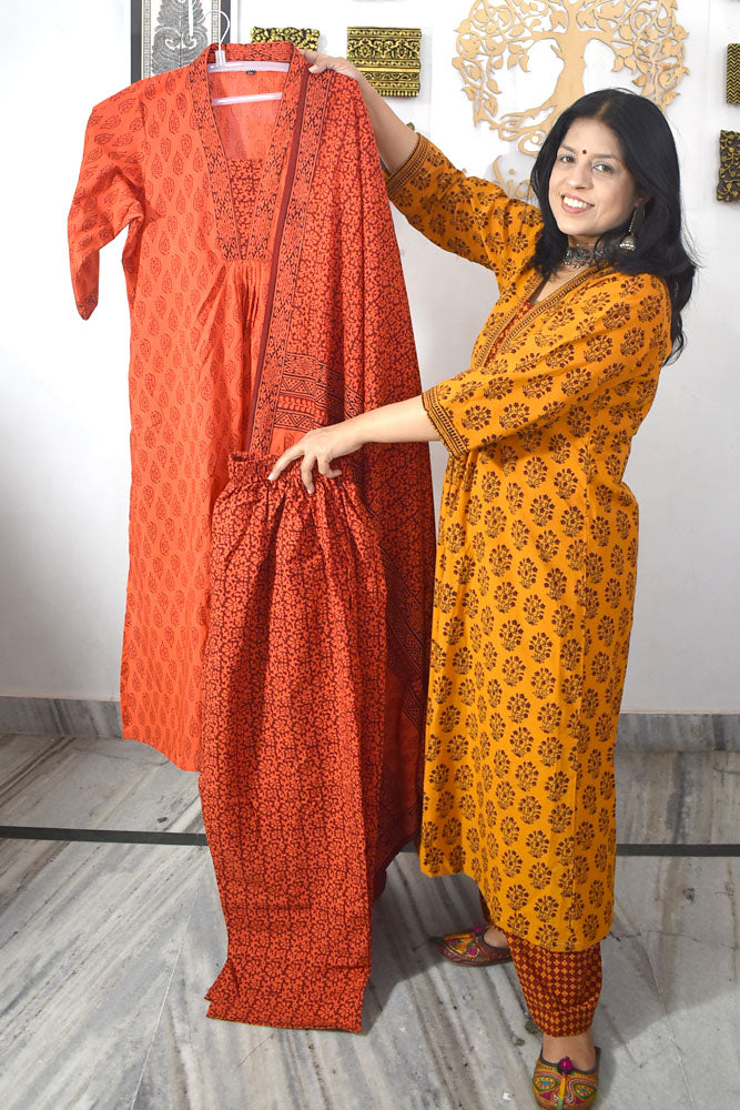 Bagh Hand Block Printed stitched 3 pc Cotton suit - 46 size