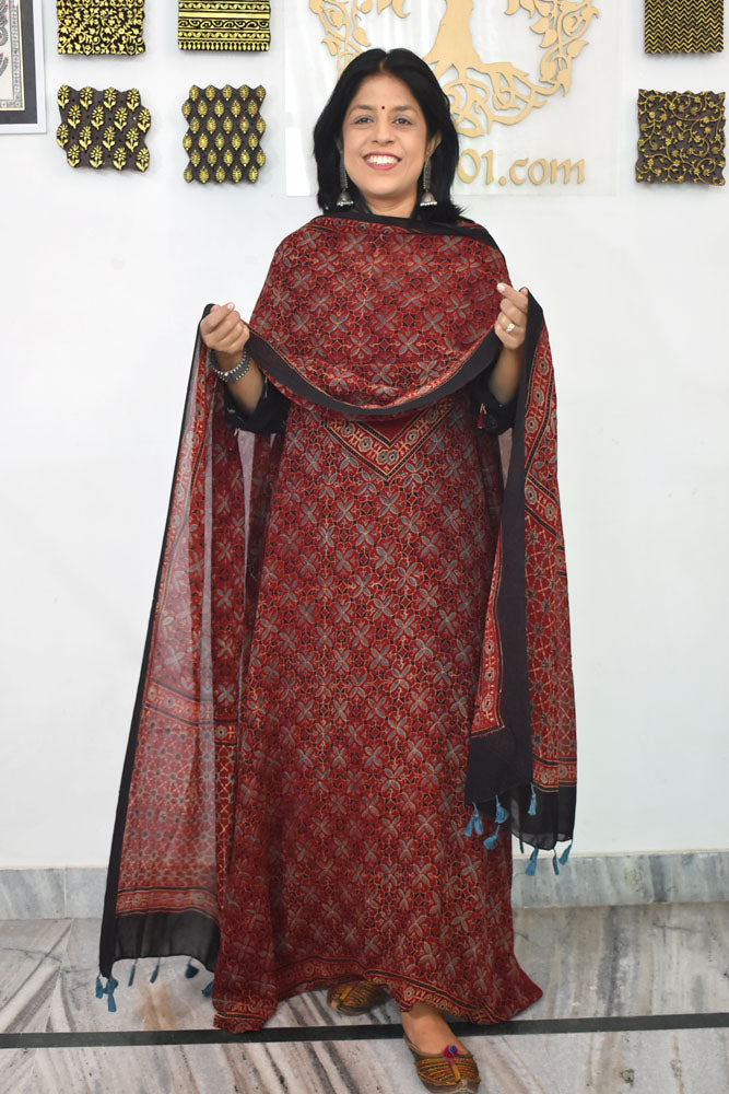 Ajrakh Hand Block Print Georgette Dupatta & Georgette Kurta Fabric