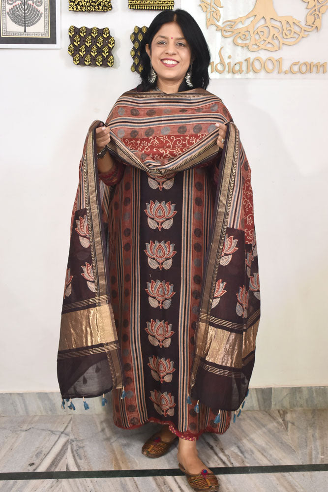 Beautiful Hand Block printed Kutch Ajrakh Chanderi Kurta and Lagdi patta dupatta set