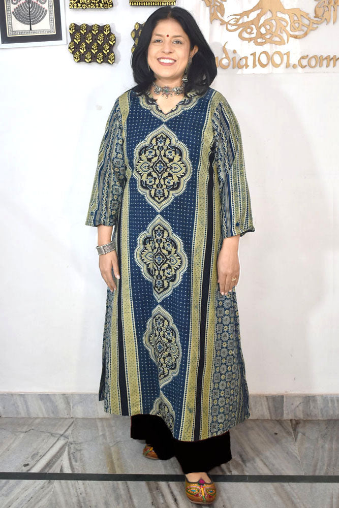 Designer Hand Block Printed Ajrakh cotton Kurta With Mirror Work - Size 38 to 46 ( all sizes)