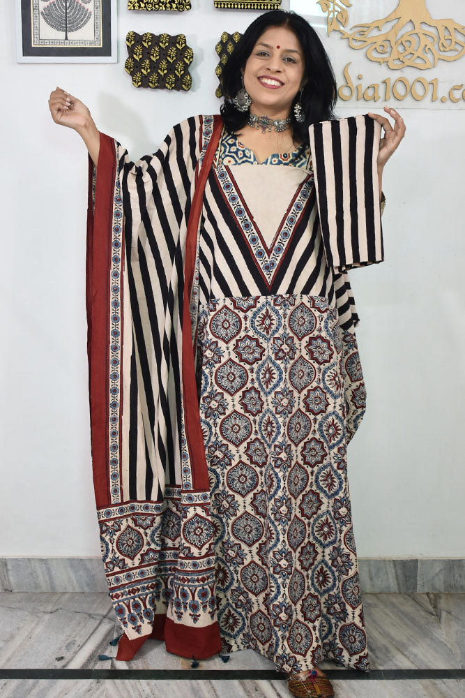 Block Print Ajrakh Cotton Suit with designer Ajrakh neck yoke /panel & Long Stole