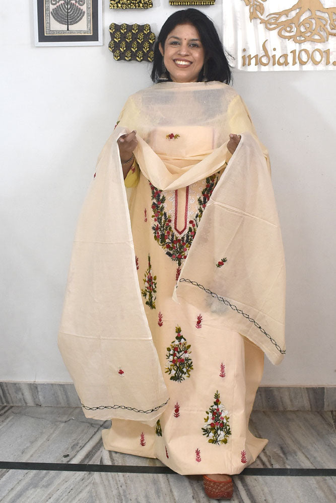 Elegant French Knot Work Cotton unstitched suit fabric with embroidery