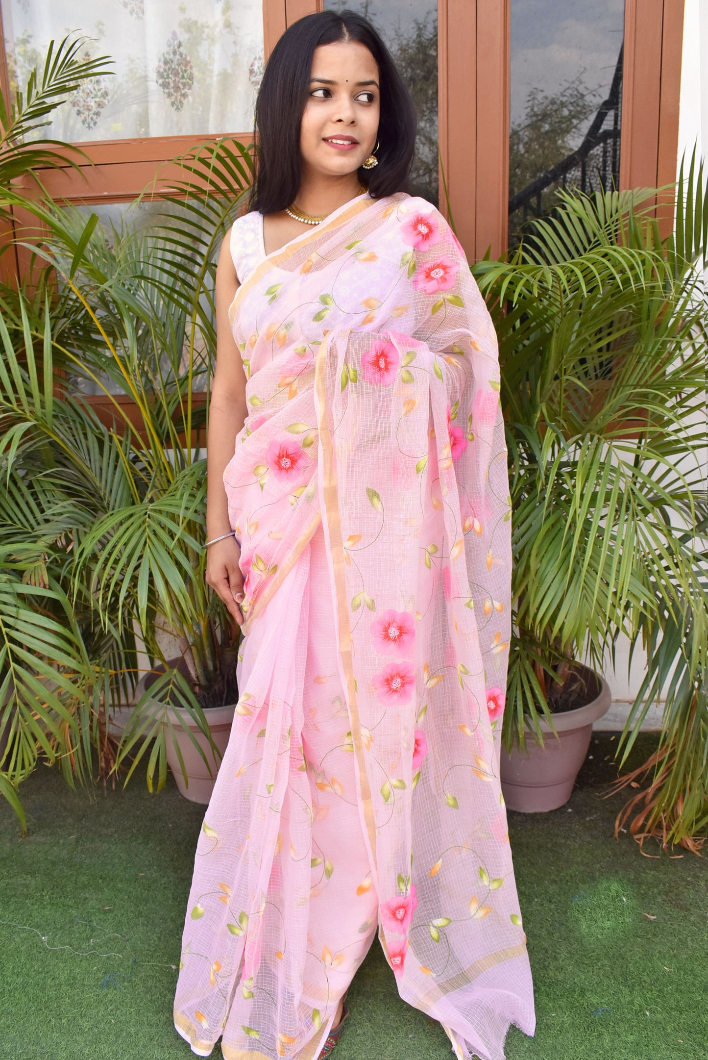 Prakriti : Beautiful Kota Doria Saree with Hand Painted Floral Motifs - Baby pink color