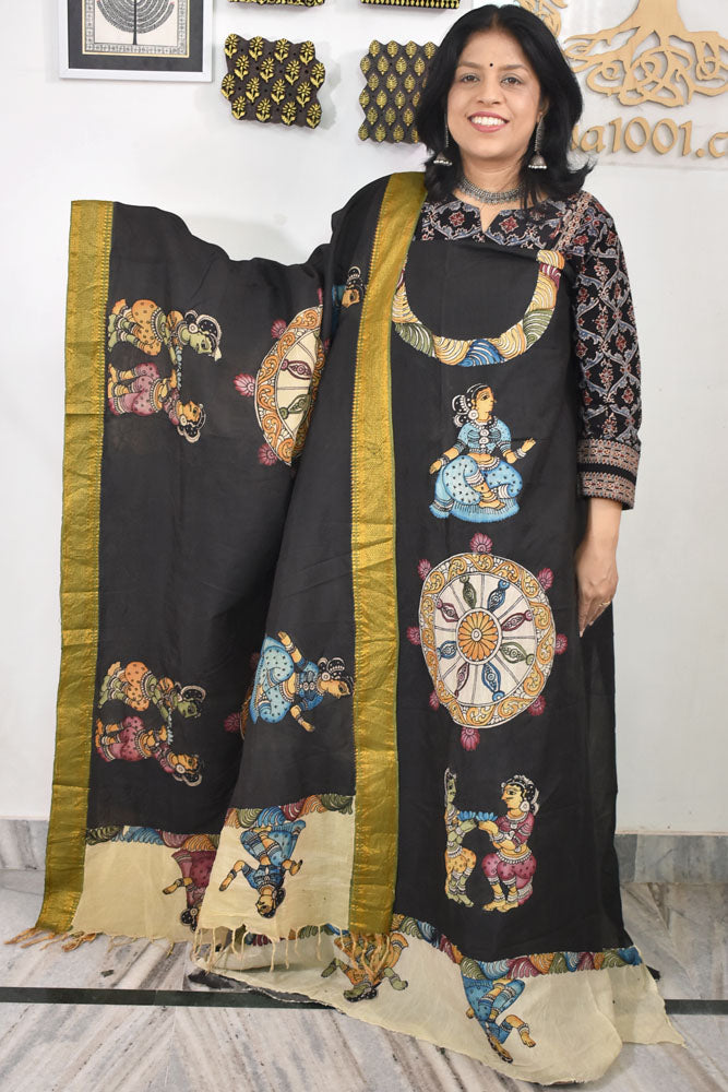 Beautiful Bangalore Cotton Silk Hand Painted Kalamkari Kurta & Dupatta Set