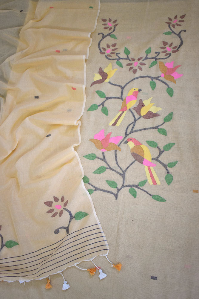 Kalakriti : Beautiful Hand Woven Soft Cotton Needle Jamdani Kurta Fabric & Dupatta set