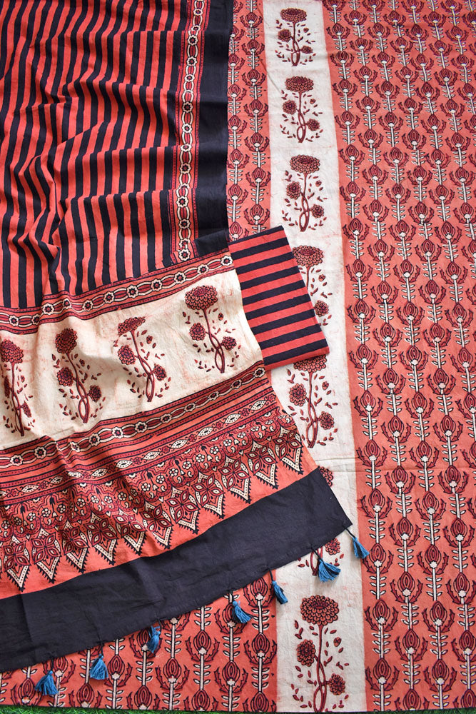 Block Print Ajrakh Cotton Suit with designer Ajrakh neck yoke /panel & Dupatta