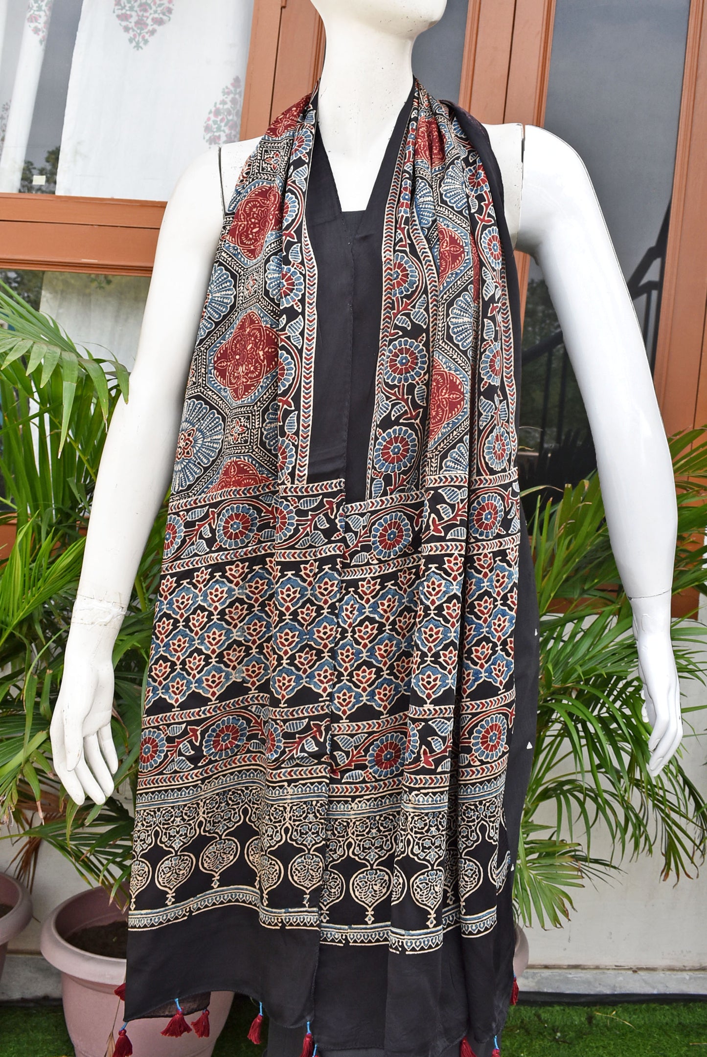 Beautiful Hand Block Printed Ajrakh Modal Silk stole with Tassels