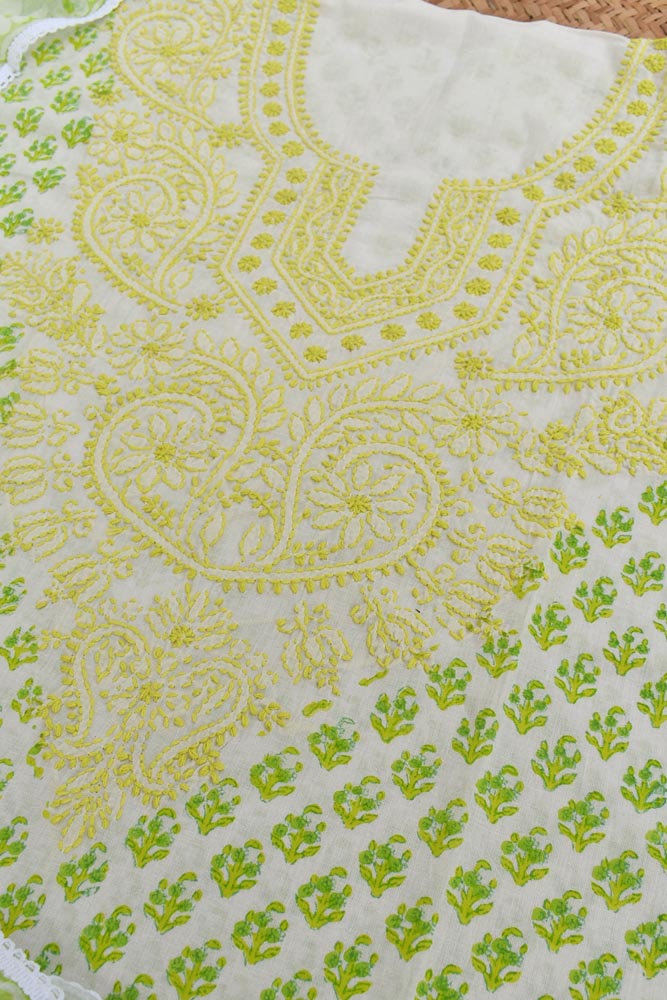 Beautiful Cotton Unstitched Suit Fabric with Chikankari & Hand Block printing