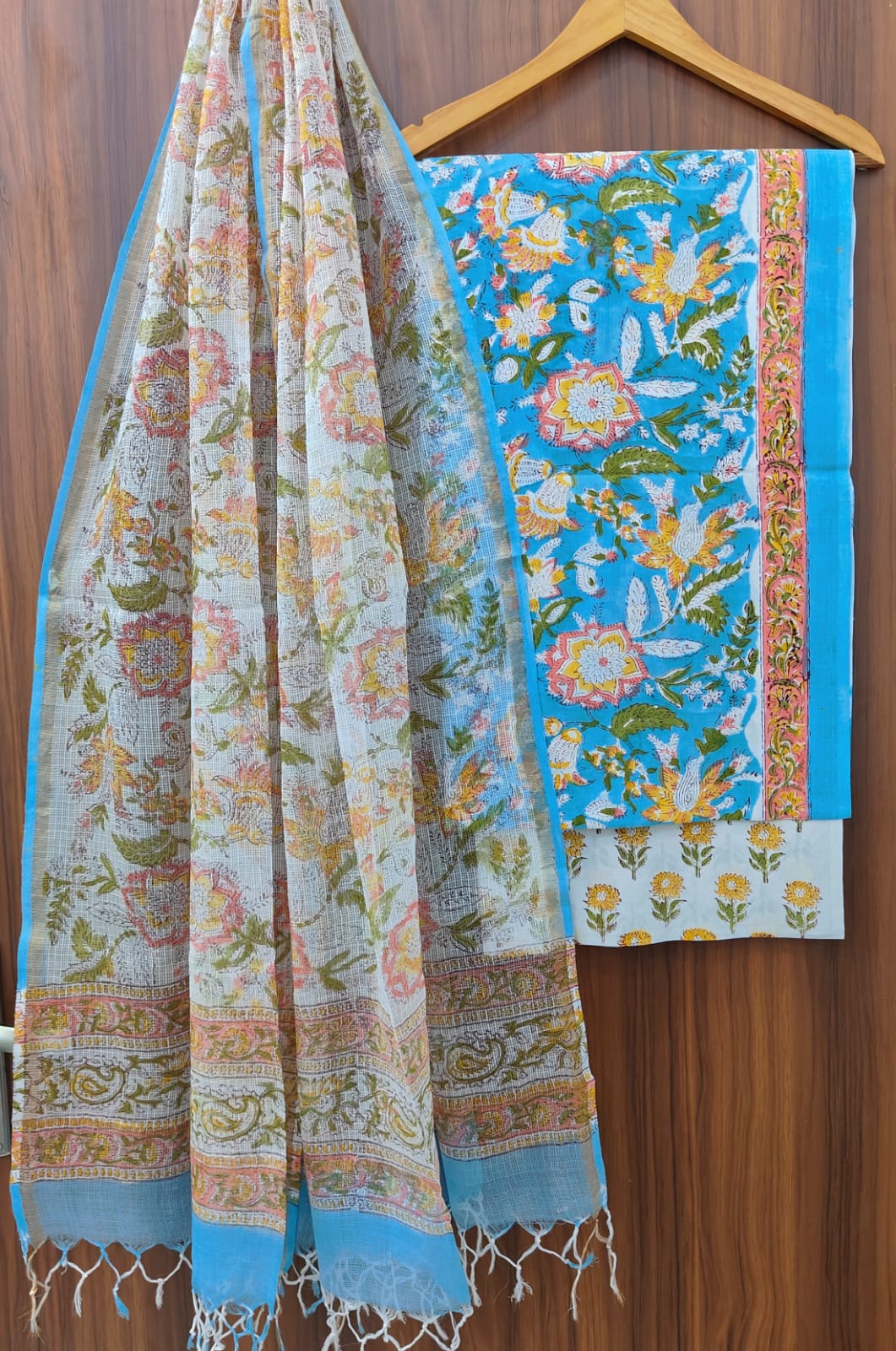 Beautiful Hand Block Printed Cotton unstitched suit fabric with Kota Doria Dupatta