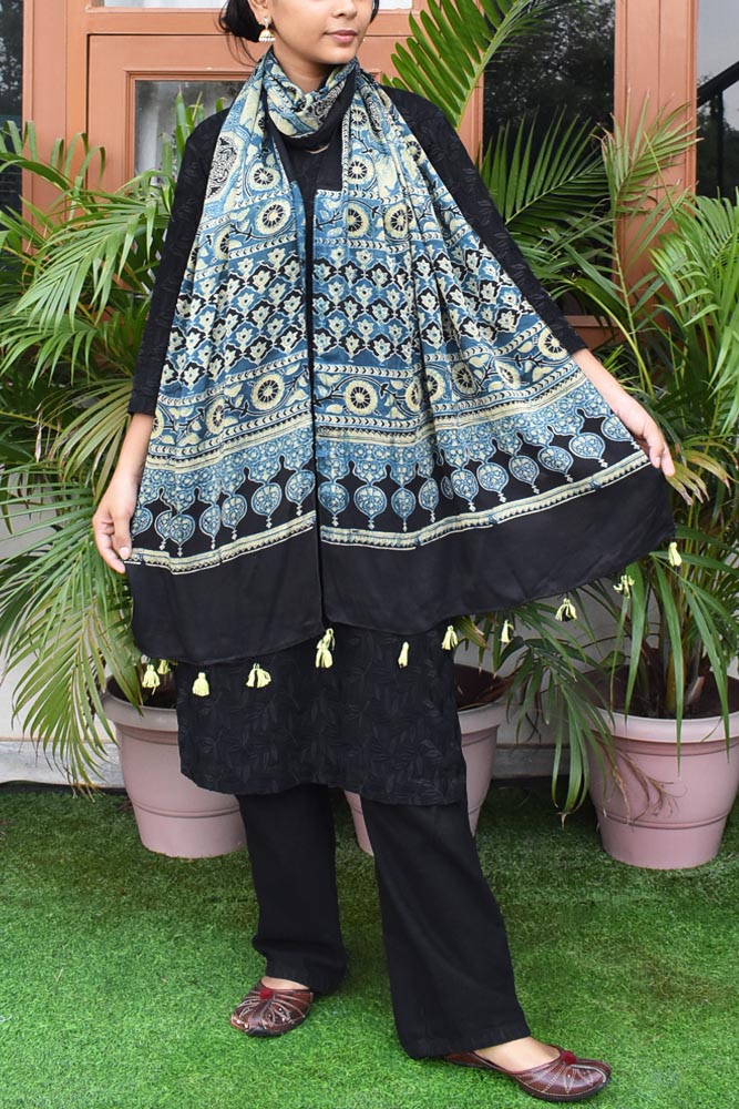 Beautiful Hand Block Printed Ajrakh Modal Silk stole with Tassels