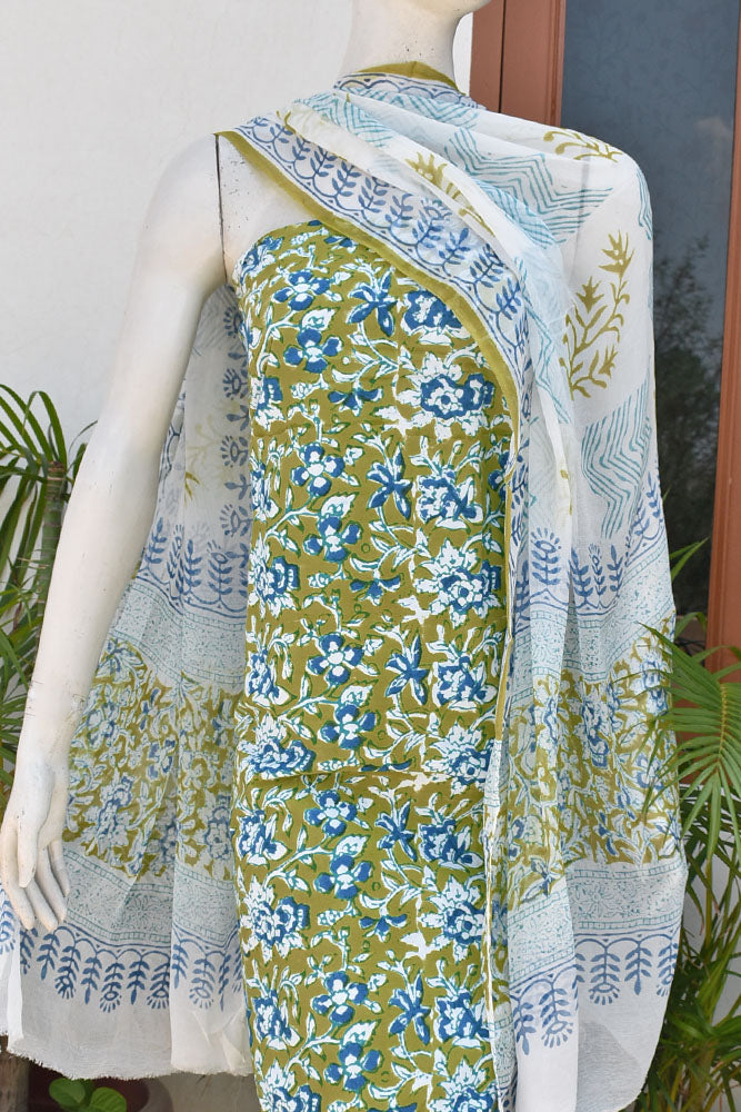 Hand Block Printed Cotton unstitched suit fabric with Chiffon dupatta