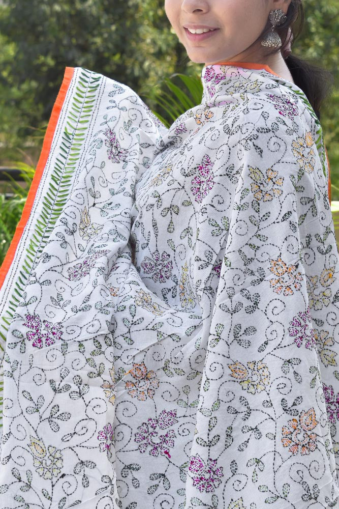 Beautiful Hand Embroidered Kantha Work Mul cotton Dupatta