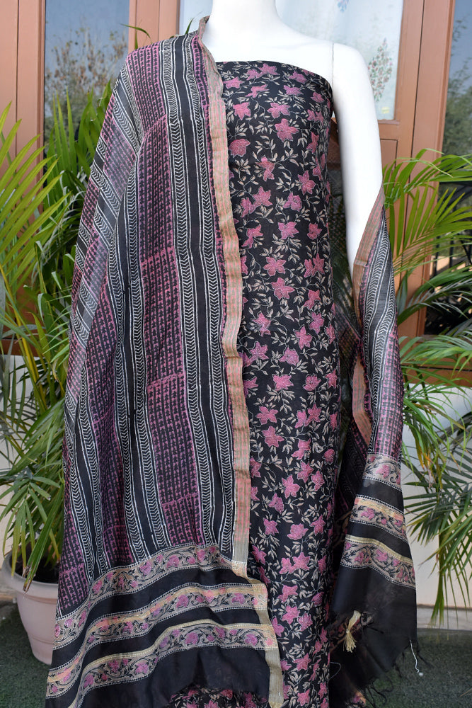 Beautiful Hand Block Printed Chanderi unstitched suit fabric with Geecha border