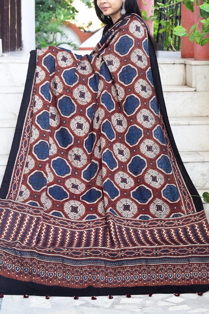 Elegant Modal Silk Ajrakh Block Print Dupatta with tassels