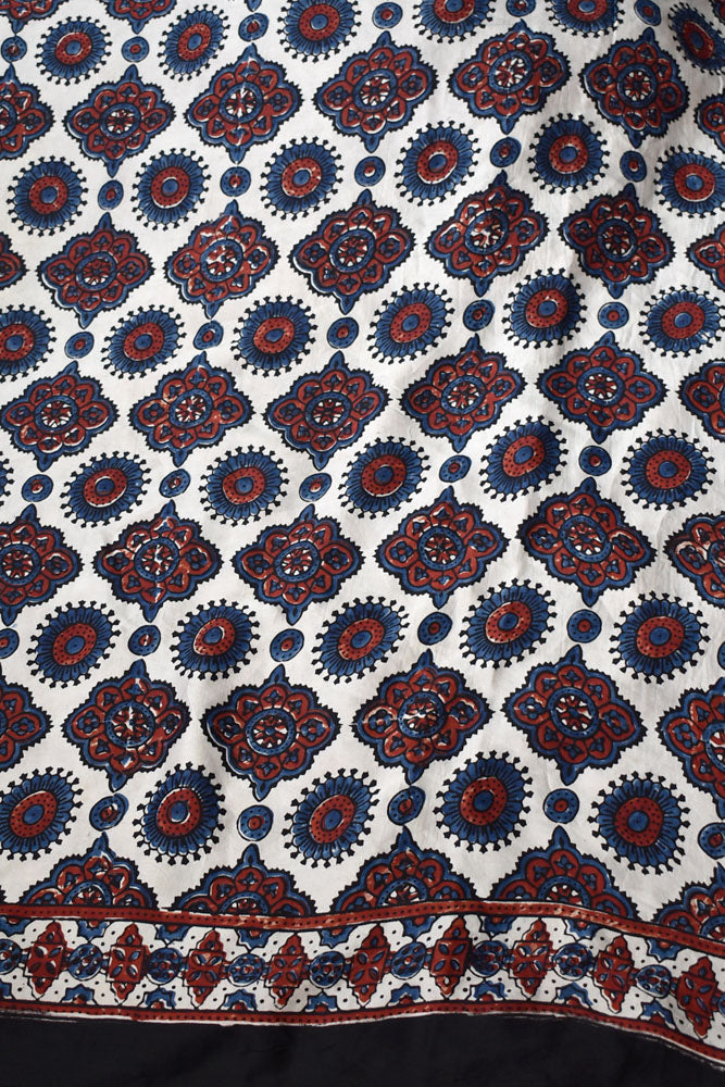 Elegant Hand Block Printed Ajrakh Modal Silk Saree with Mirror Work & tassels