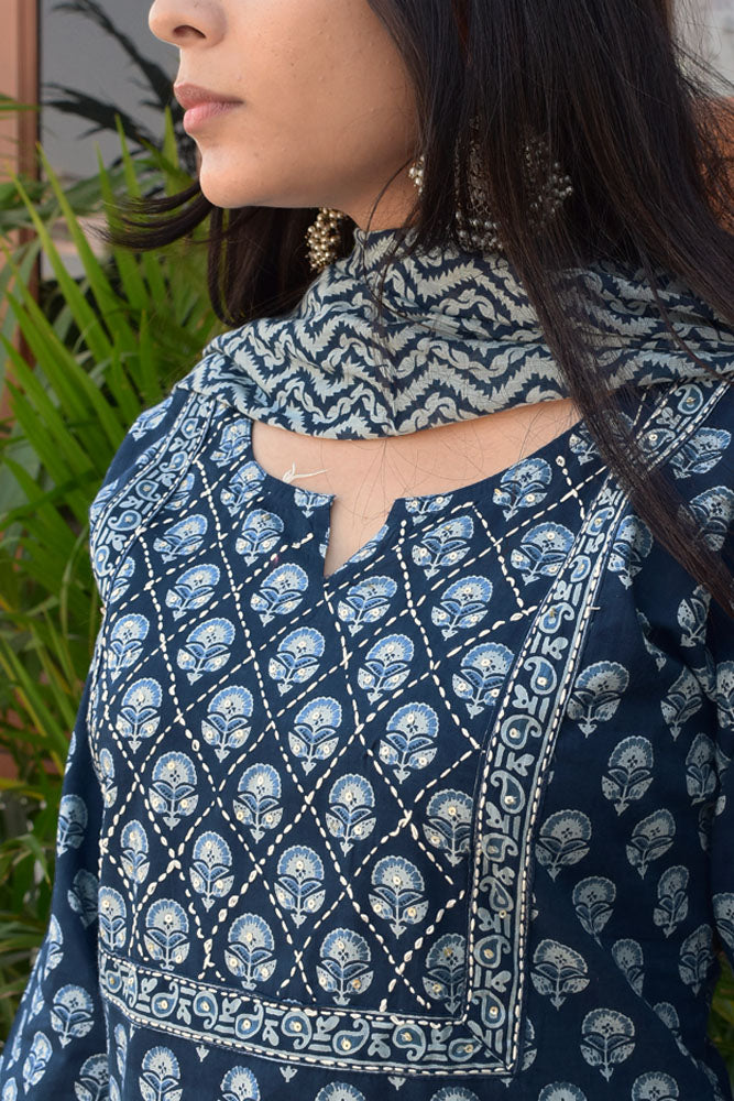 Beautiful Printed Cotton suit with Hand Embroidery - Kurta , Kota Dupatta & Pant - size 36, 38, 40, 42, 44