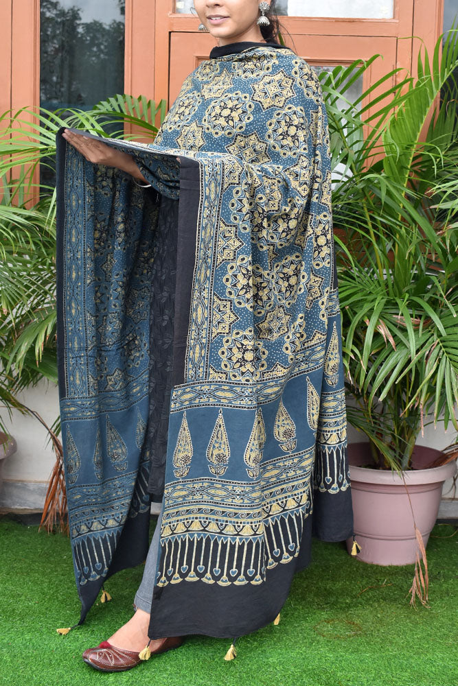 Ajrakh Hand Block Printed Cotton Dupatta with Tassels with natural dyes