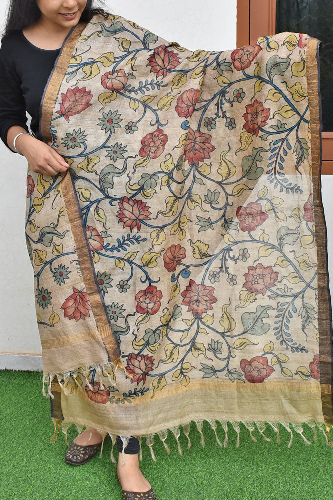 Earthy Hand Painted Kalamkari Desi Tussar Silk Dupatta