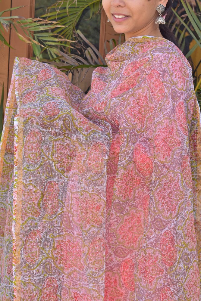 Hand Block Printed Kota Cotton Dupatta with zari border