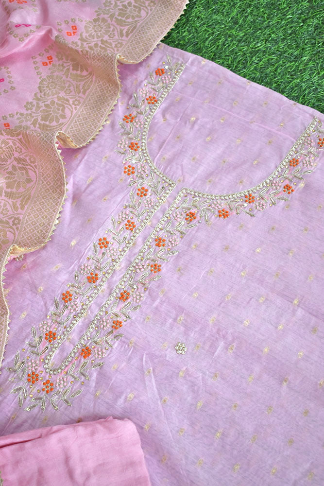 Beautiful Hand Embroidered Chanderi unstitched suit fabric with Banarasi Dupatta & Matching Potli bag & Jutti