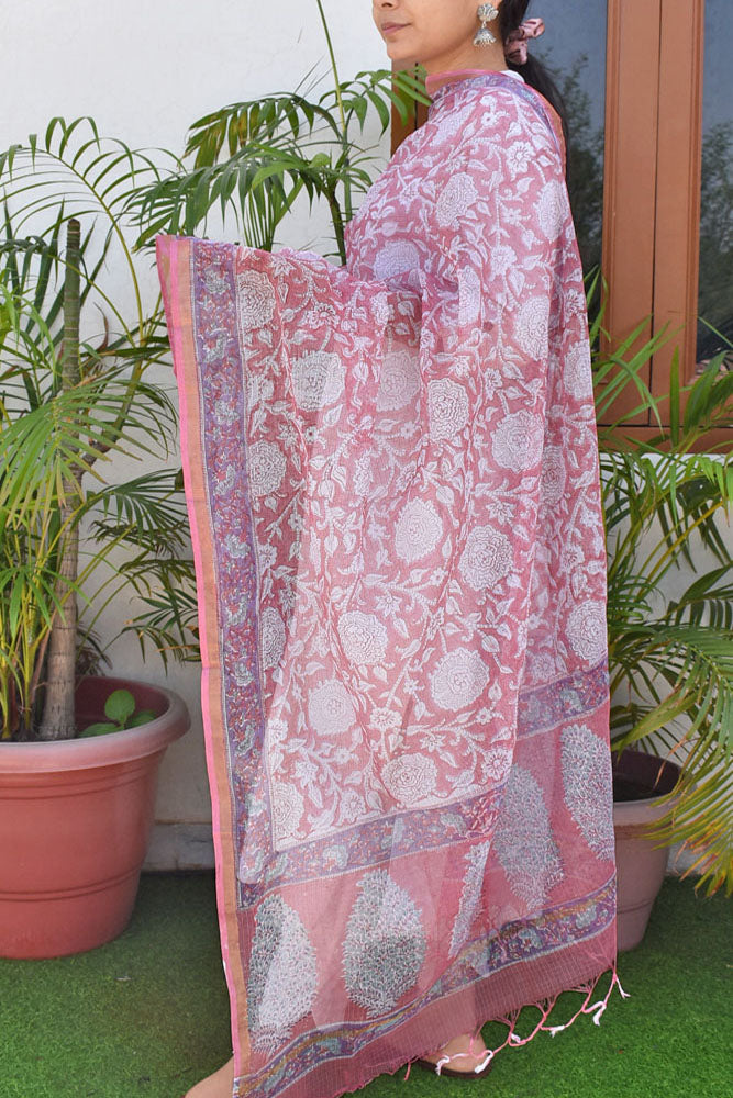 Hand Block Printed Kota Cotton Dupatta with zari border