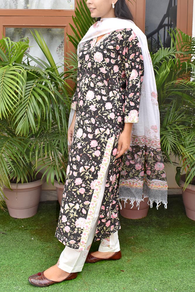 Hand Block Printed Cotton suit with Hand Embroidery - Kurta , Kota Dupatta & Pant - size 36, 38, 40, 42, 44