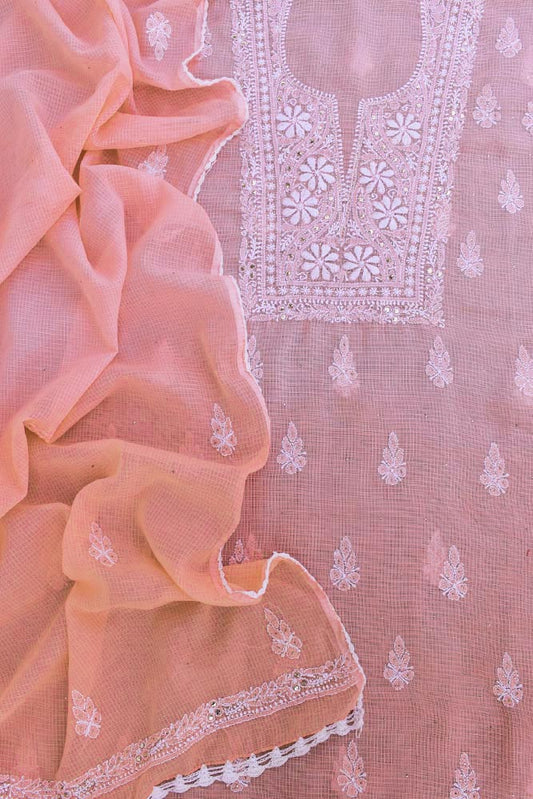 Ombre Dyed Elegant Kota Doria Kurta & dupatta with Lucknowi Hand Chikankari embroidery and Muqaish work