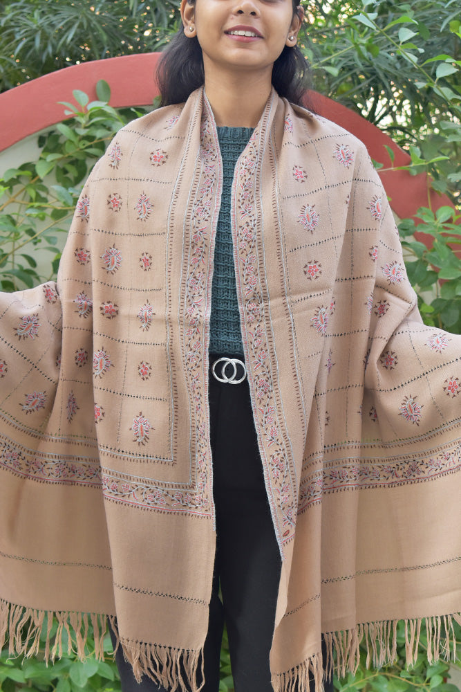 Intricate Kashmiri Sozni Hand Embroidery & Cutwork Work Woolen Stole