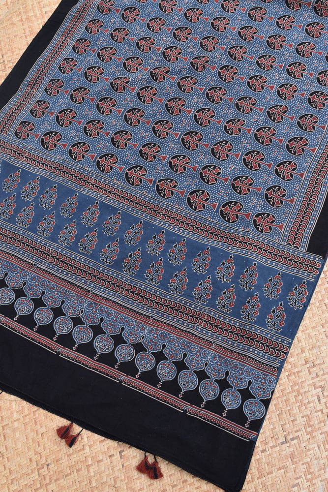 Ajrakh Hand Block Printed Cotton Dupatta with Tassels with natural dyes