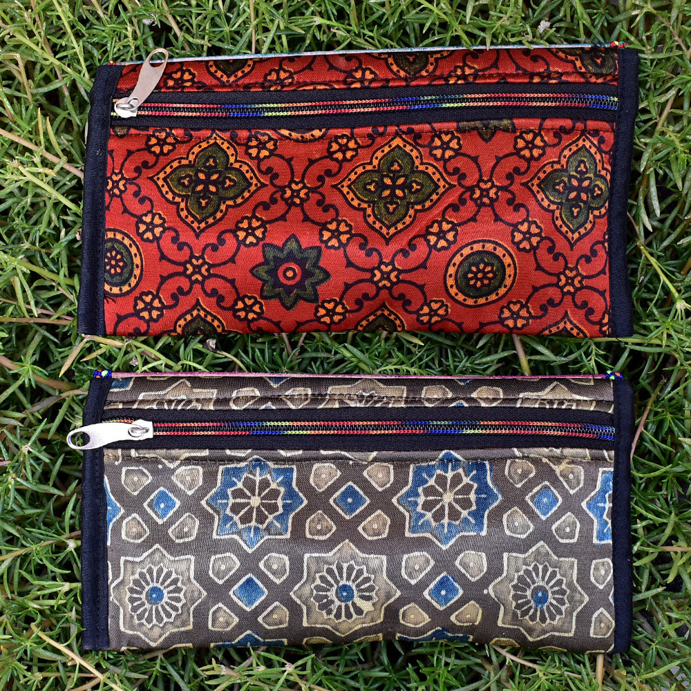 Set of 2 - Handcrafted Kutch Leather Punch work &Ajrakh Mashroo wallet/purse