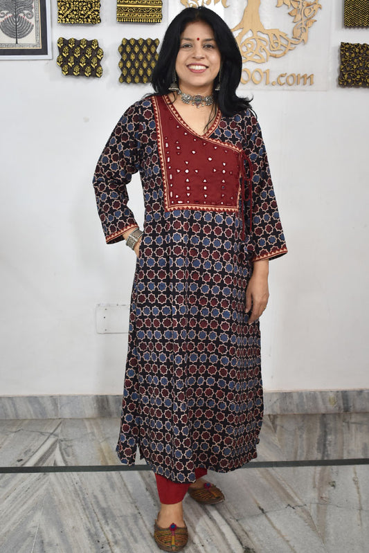 Designer Hand Block Printed Ajrakh cotton Kurta with Kutch Mirror work