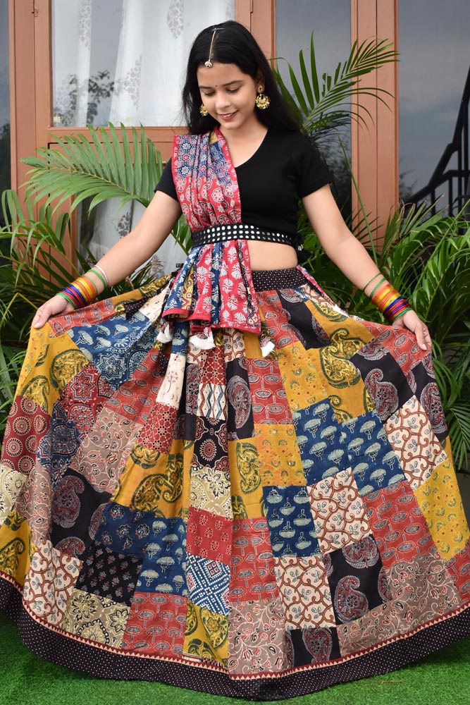 Beautiful Ajrakh Hand Block Printed Patch Work Cotton Long Skirt with Stitched borders