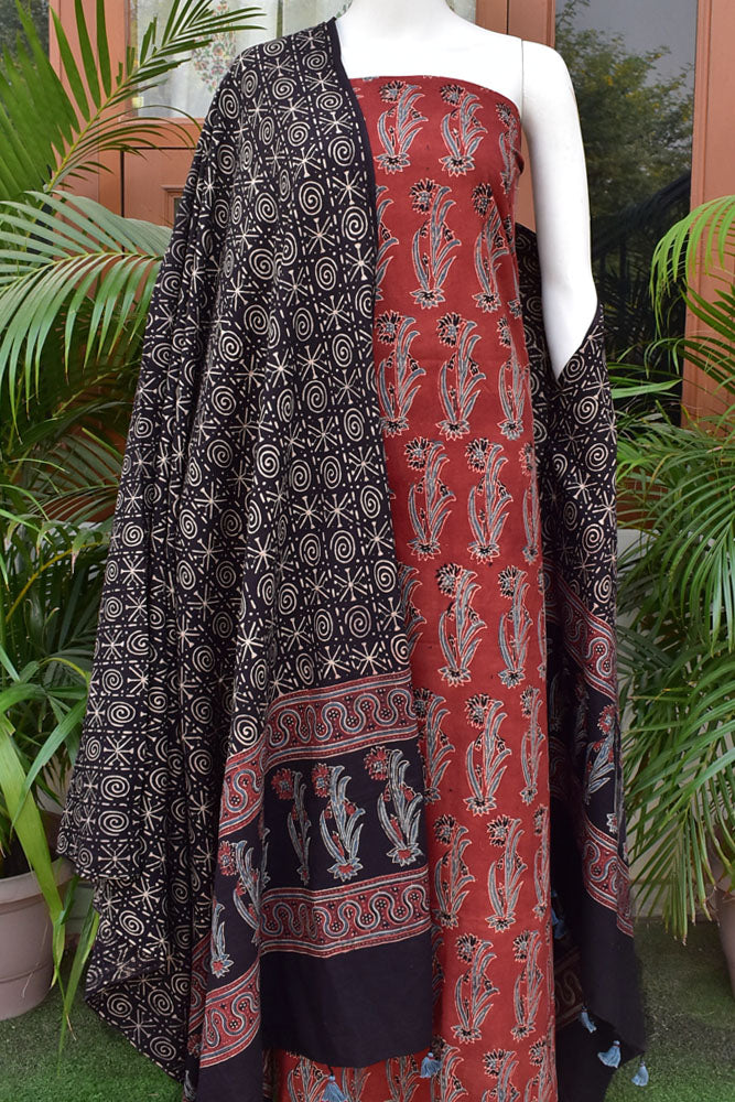 Beautiful Hand Block Printed Ajrakh Cotton Kurta fabric & Dupatta set