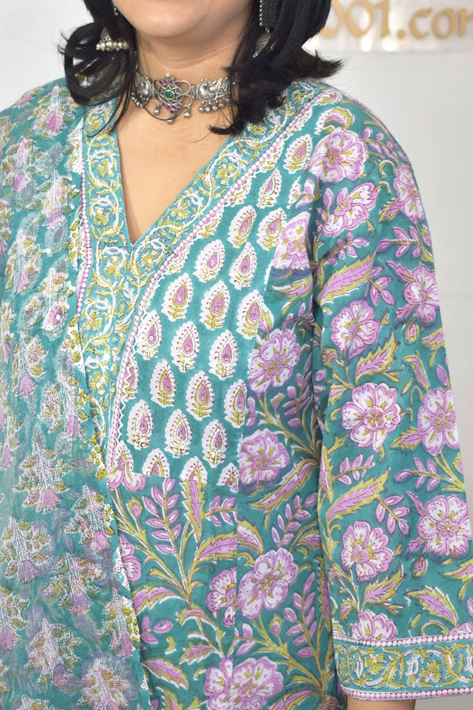 Hand Block Printed Cotton suit with Hand Embroidery - Kurta , Kota Dupatta & Pant - size 38, 40, 42, 44, 46