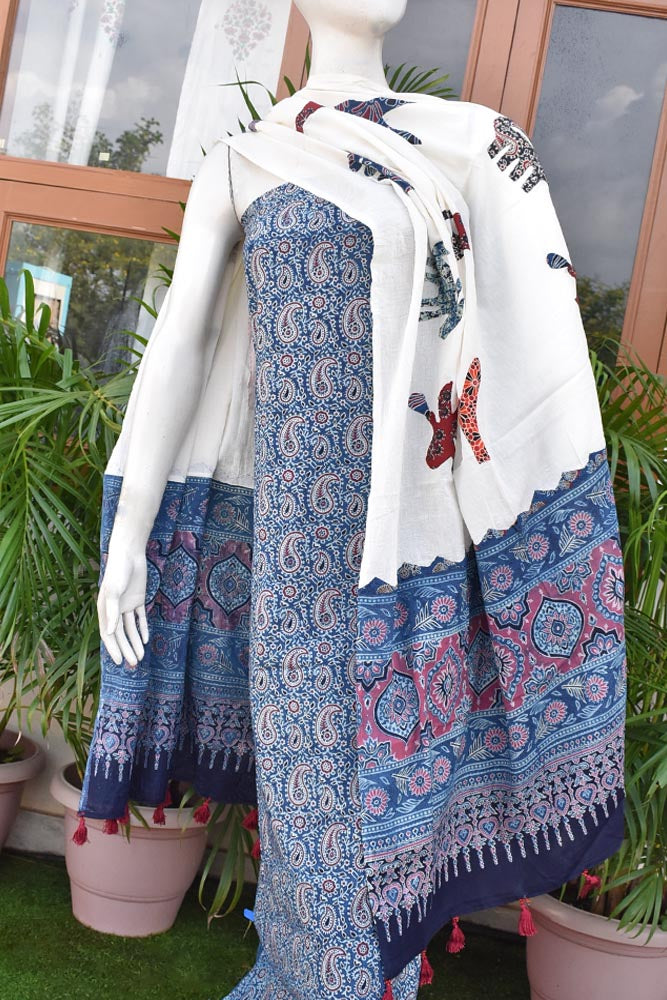 Beautiful Ajrakh kurta fabric with Hand Patch work dupatta