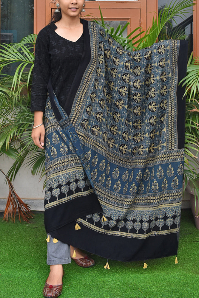 Ajrakh Hand Block Printed Cotton Dupatta with Tassels with natural dyes
