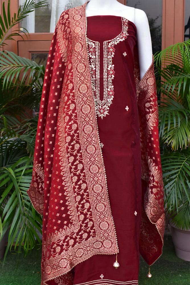 Beautiful Chanderi unstitched suit fabric with Banarasi Dupatta & Matching Potli bag