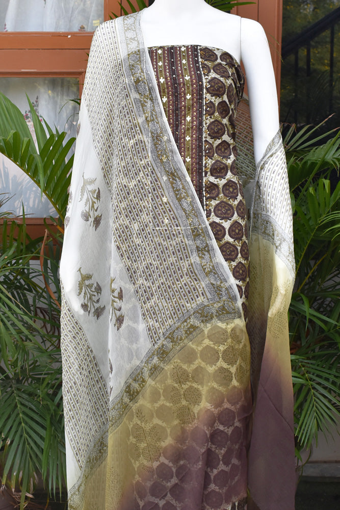 Premium Dabu Ajrakh Cotton Unstitched Suit with Intricate Hand Embroidery, mirror & sequin work & chiffon dupatta