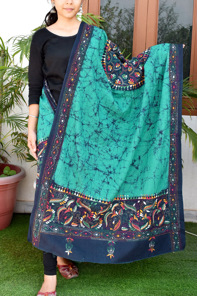 Handcrafted & Handembroidered Cotton Dupatta with Bengal Kantha & Batik work