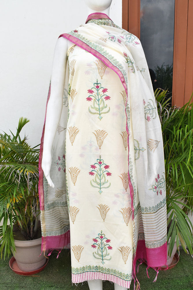 Hand Block Placement Print Cotton suit with Chanderi dupatta and panel design