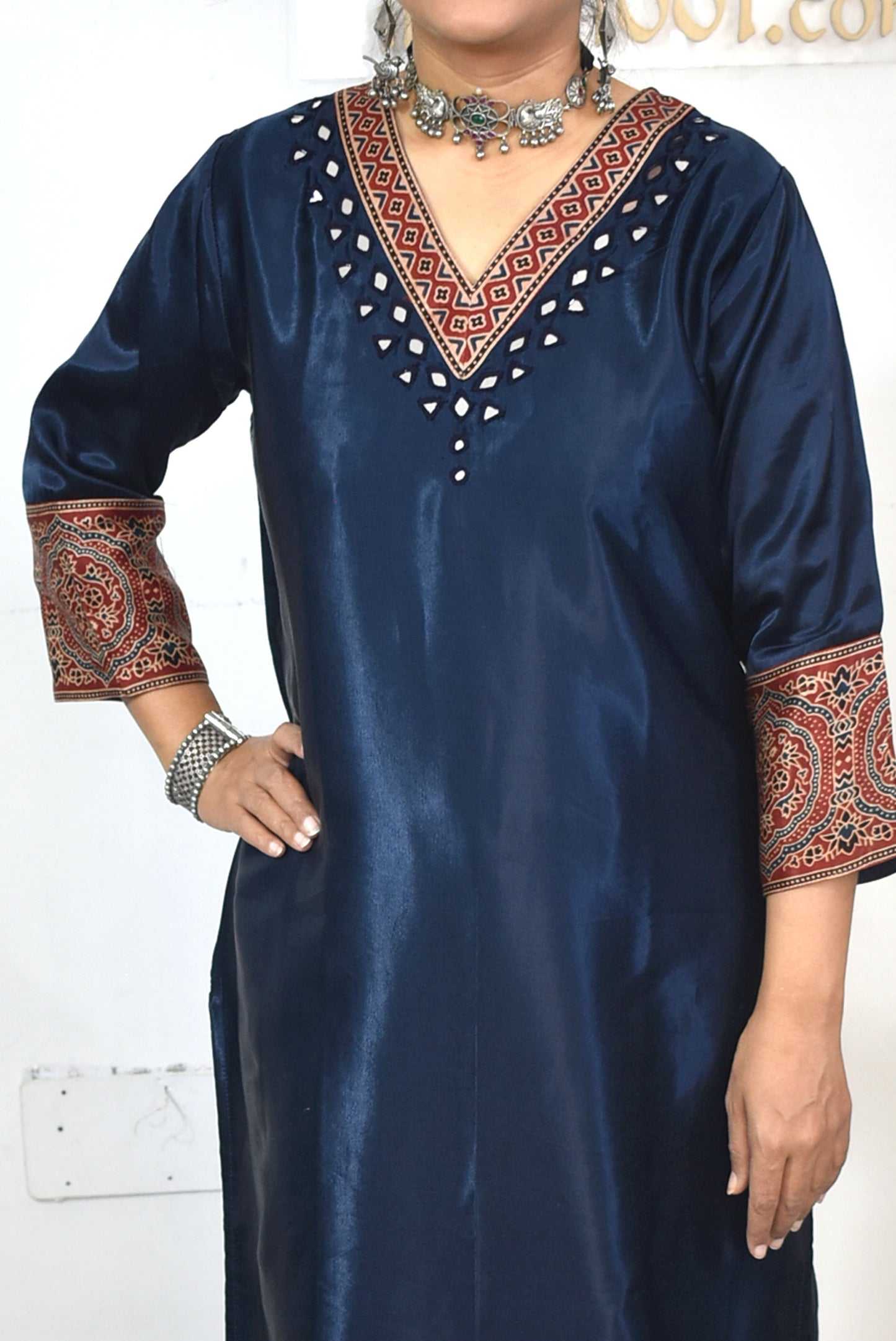 Beautiful Mashru Silk Kurta with Ajrakh patch Kutch mirror work size - 40-46