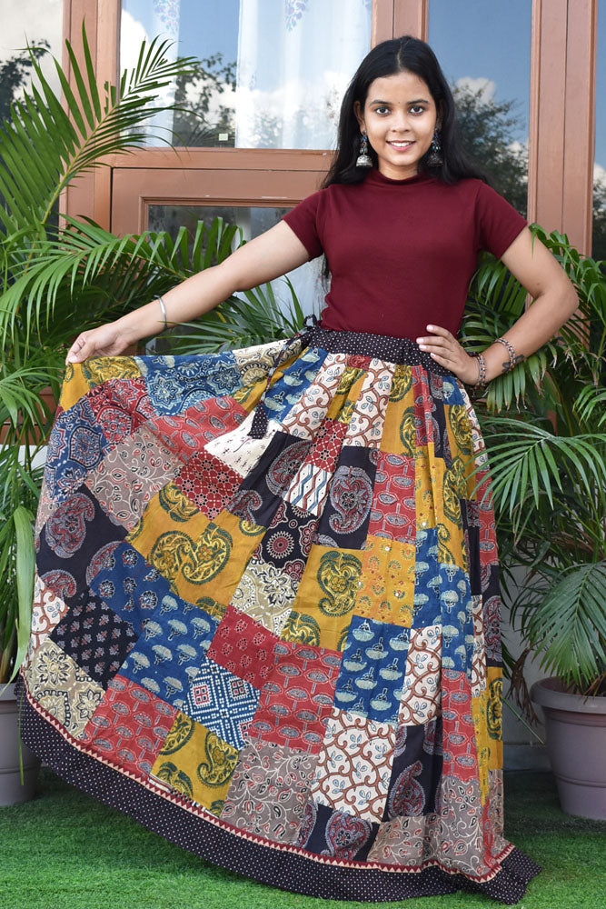 Beautiful Ajrakh Hand Block Printed Patch Work Cotton Long Skirt with Stitched borders