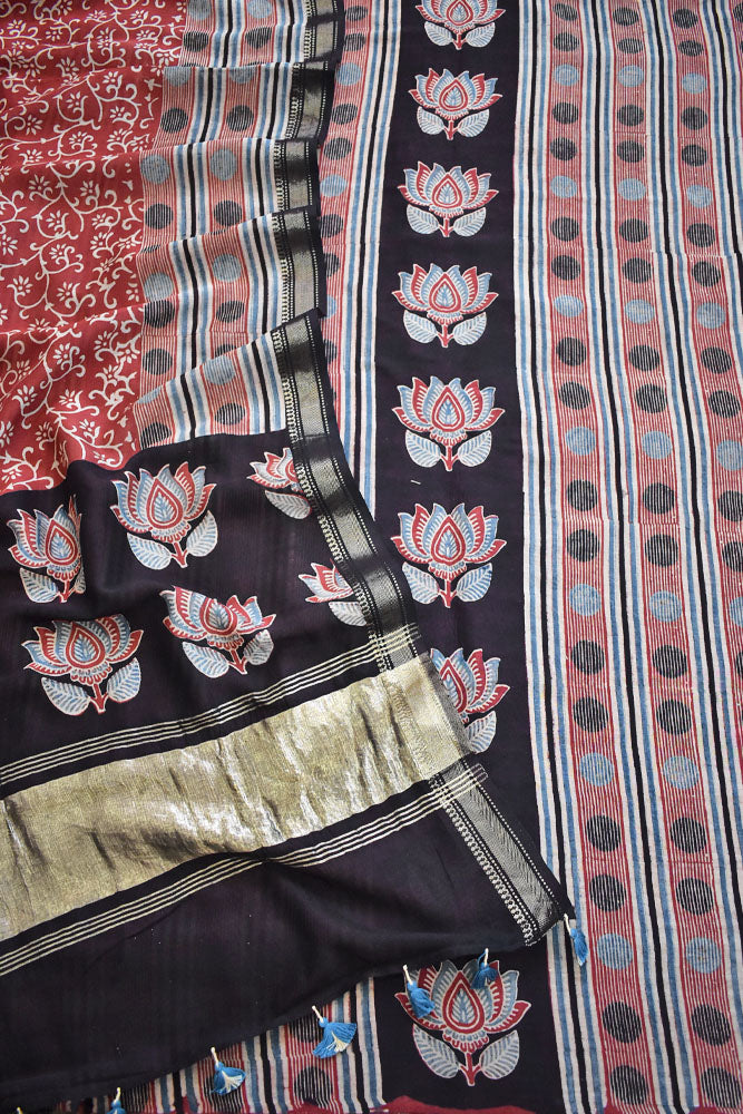Beautiful Hand Block printed Kutch Ajrakh Chanderi Kurta and Lagdi patta dupatta set