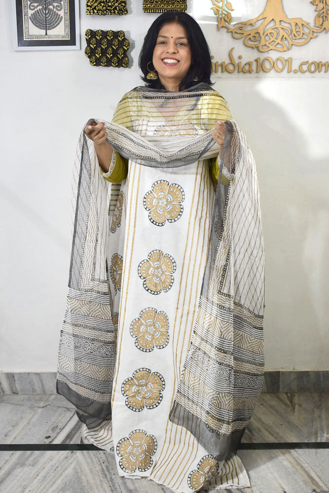 Designer Hand Block Print Cotton suit with Kota dupatta