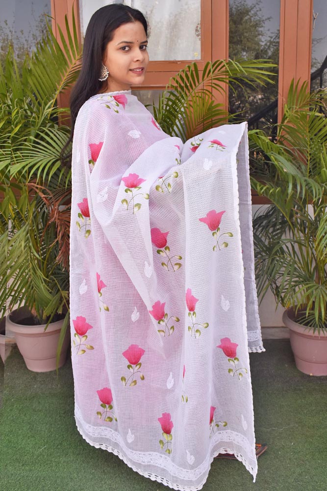 Kota Cotton Dupatta with Hand Paint, Hand Chikankari embroidery & crochet borders on all sides